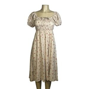 R. Vivimos Dress Womens Large Tan Floral Smocked Puff Sleeve Midi Boho